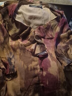 Lauren Ralph Lauren Brown and Purple Ruffle-Front Blouse